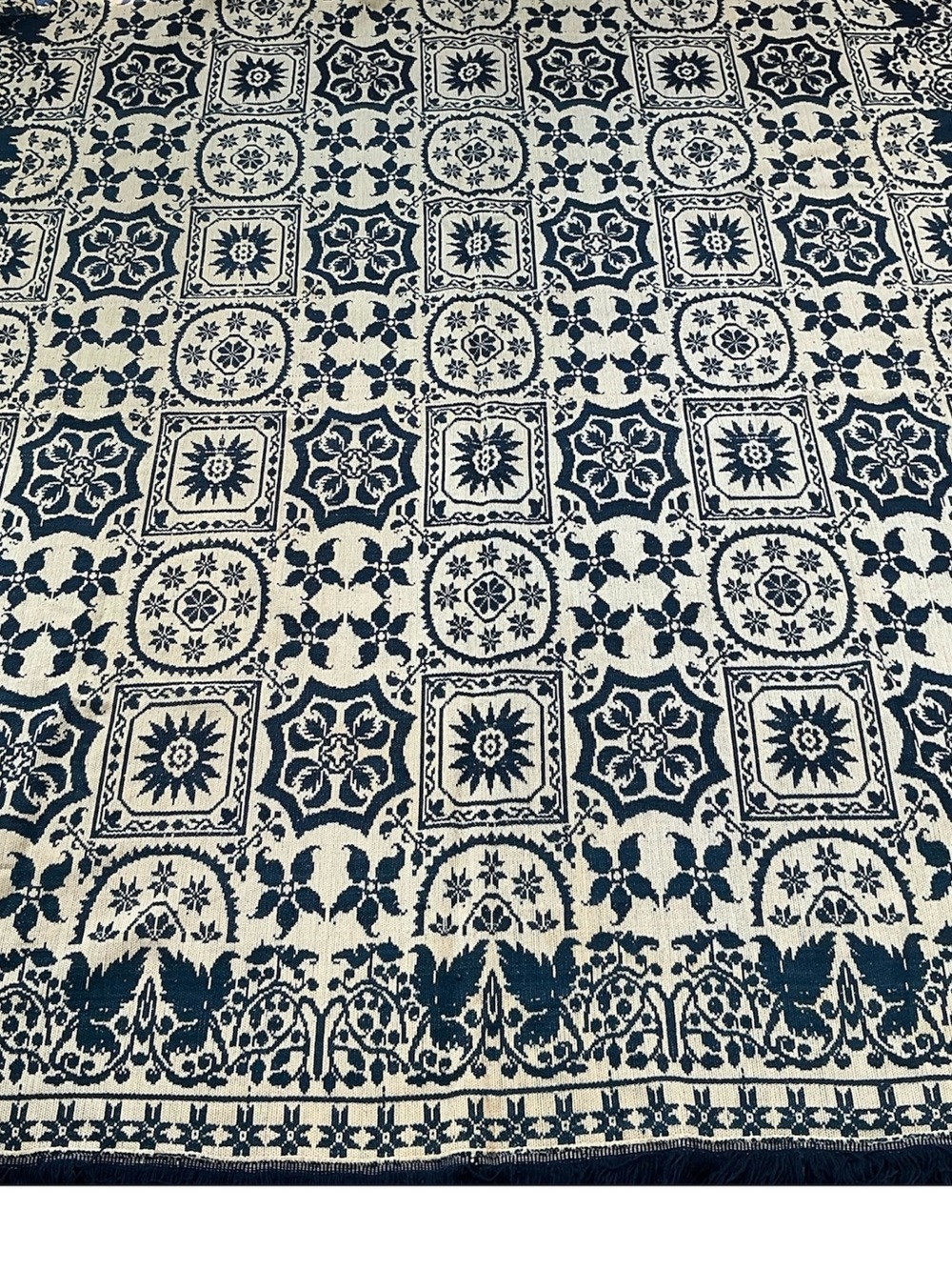 Antique Joseph Schnee 1800s woven reversible sunburst coverlet 78 x 86 USA made